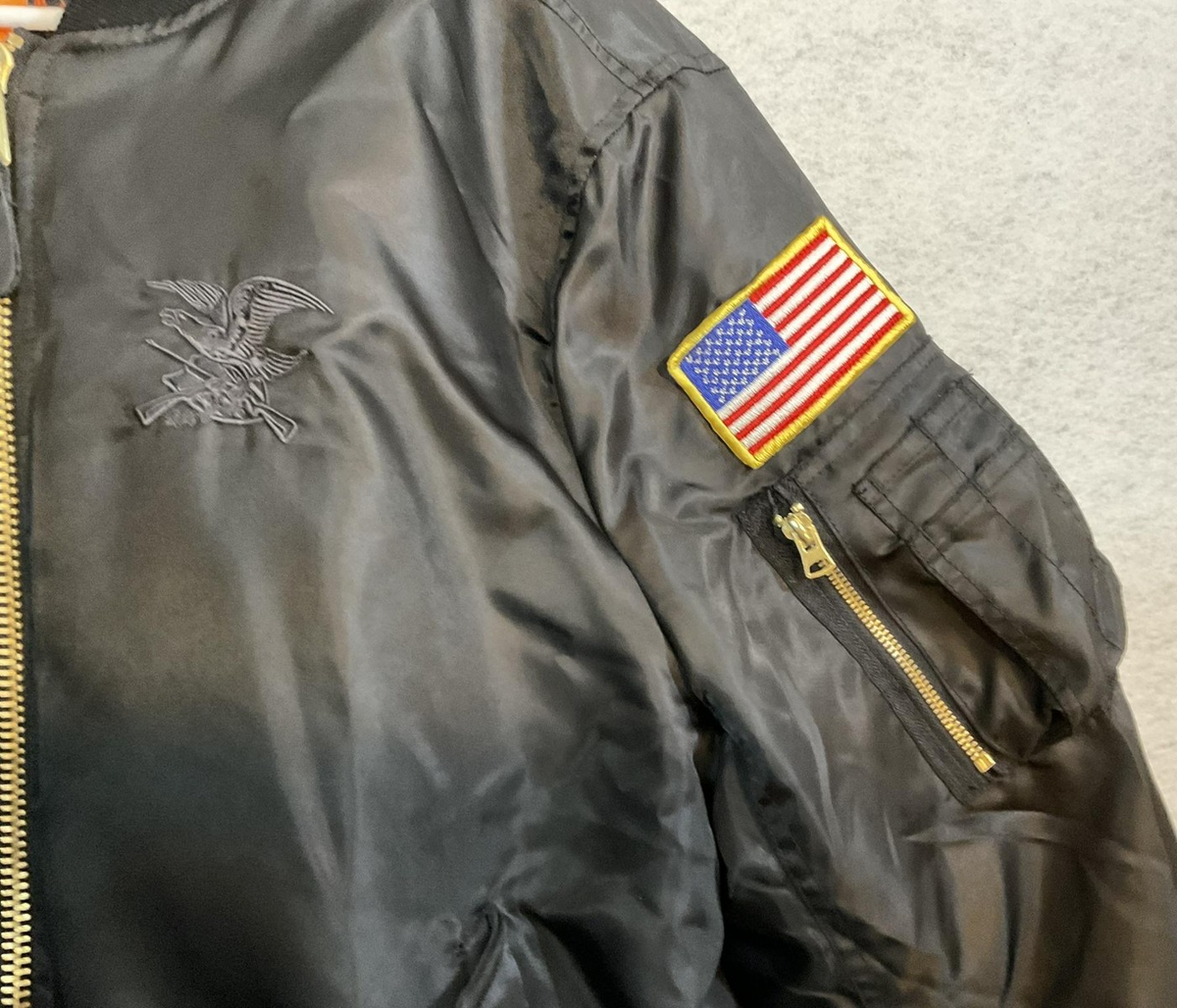 Burk's Bay Jacket Mens XL Black Bomber Bravo Series USA Flag Patch Lined Eagle