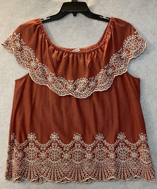 Fever Blouse Womens XL Orange Off Shoulder Embroidered Ruffle Short Sleeve Boho