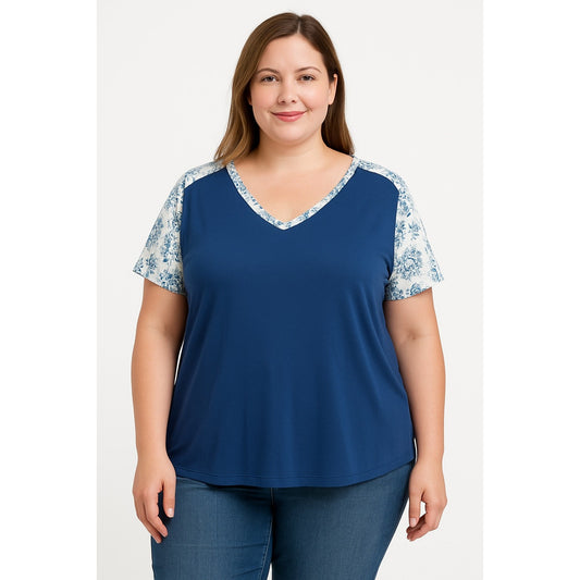 Ink & Ivy XL Blue Boho Tee Shirt Floral Shoulder Trim Stretch Top NWT