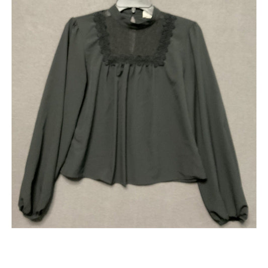 A.N.A Black Lace Front Blouse Long Sleeve Keyhole Back Polyester Womens XS