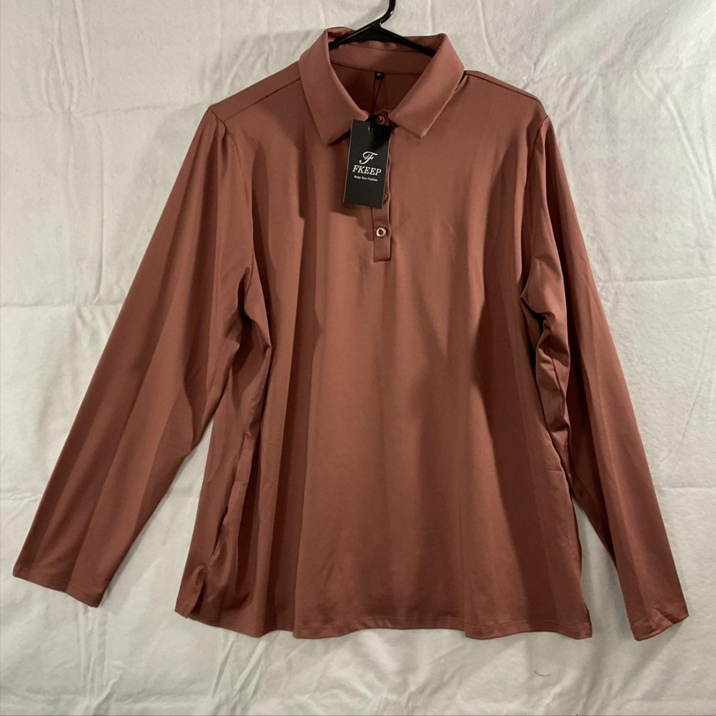 FKEEP Polo Shirt Mens 2XL Brown Long Sleeve Stretch Performance Soft Casual