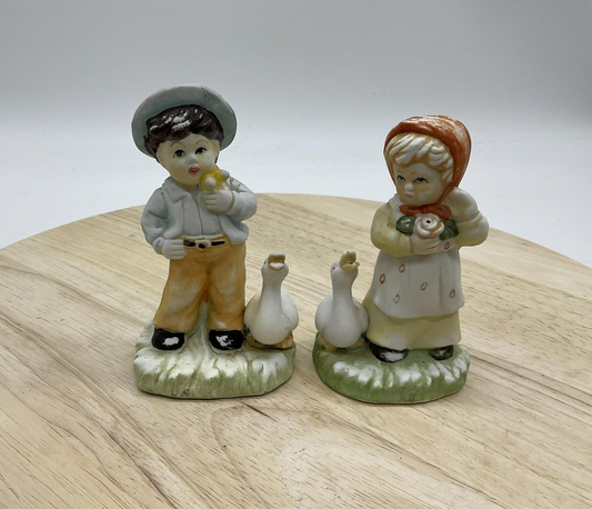 Vintage Ceramic Boy Girl Goose Figurines Set Farm Children Home Decor Gift