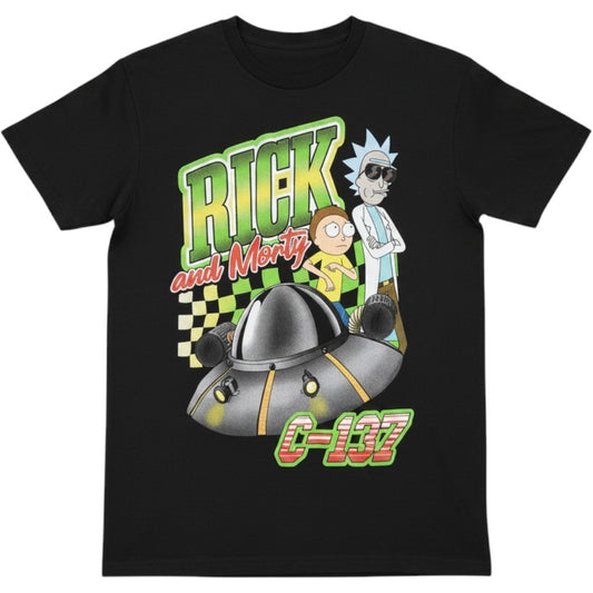 Rick And Morty Shirt Mens Small Black C-137 UFO Graphic Tee Cartoon Tagless