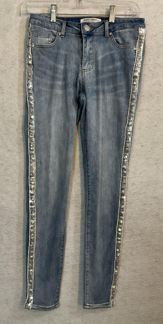 Almost Famous Jeans Juniors 5 Blue Mid Rise Skinny Sequin Side Stripe Stretch