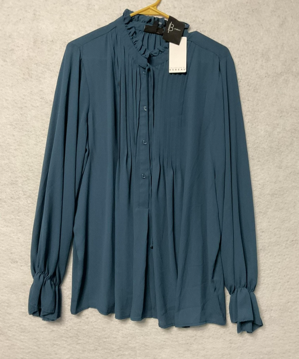 Bobeau Blouse Womens 1X Blue Teal Ruffle Neck Long Sleeve Button Front