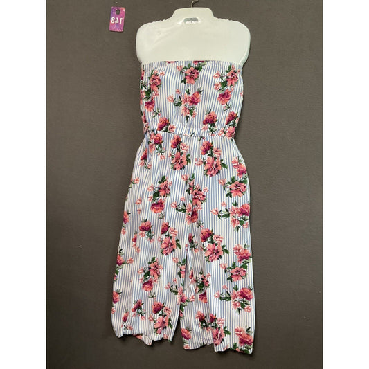 Shosho Floral Strapless Jumpsuit Romper Stretch Blue White Stripe Pockets Size S