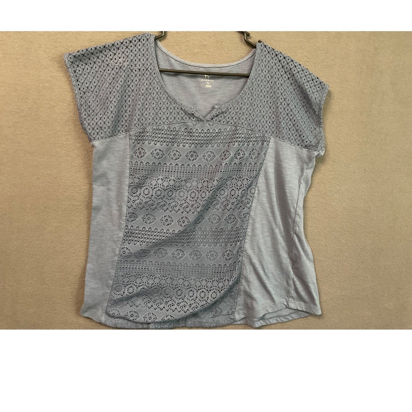Hannah XL Navy Blue Crochet Lace Top Short Sleeve Cotton Blend Romantic