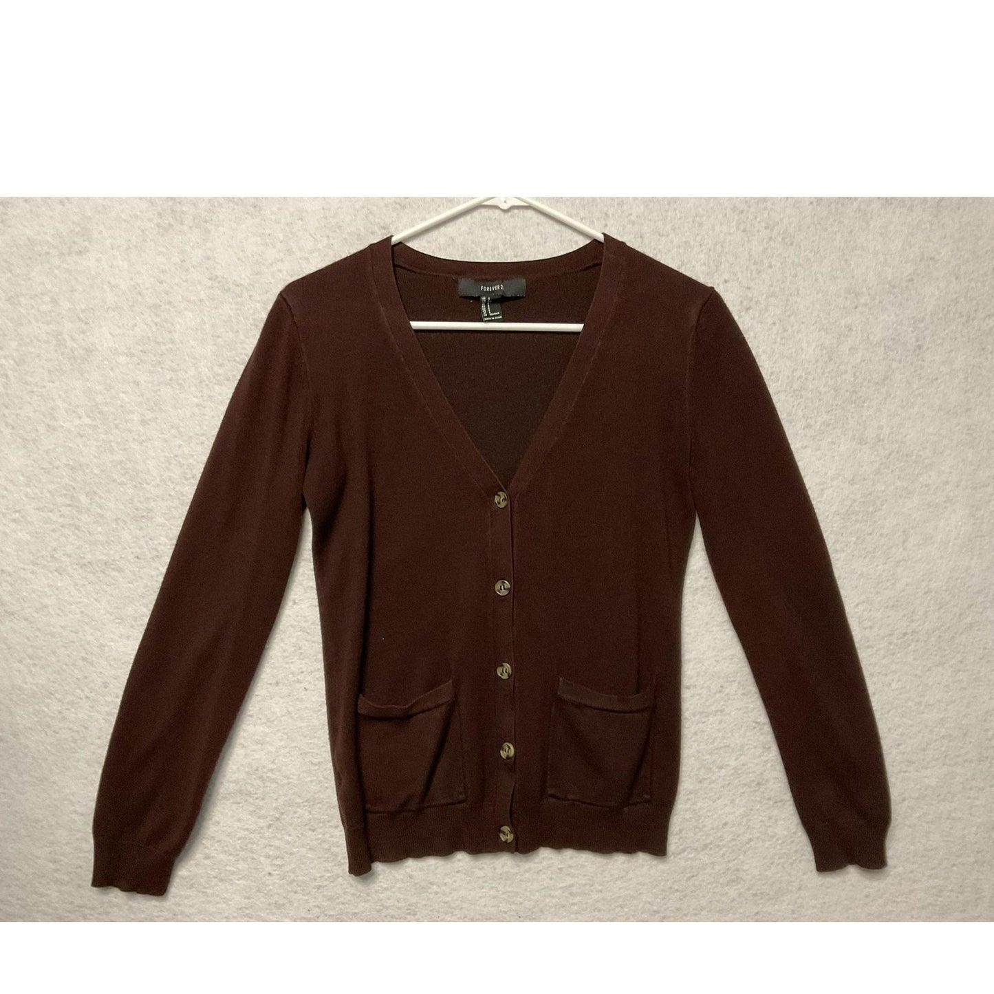 Forever 21 Sweater Womens Large Brown Knit Cardigan V Neck Button Front Pockets