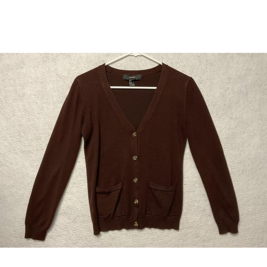 Forever 21 Sweater Womens Large Brown Knit Cardigan V Neck Button Front Pockets