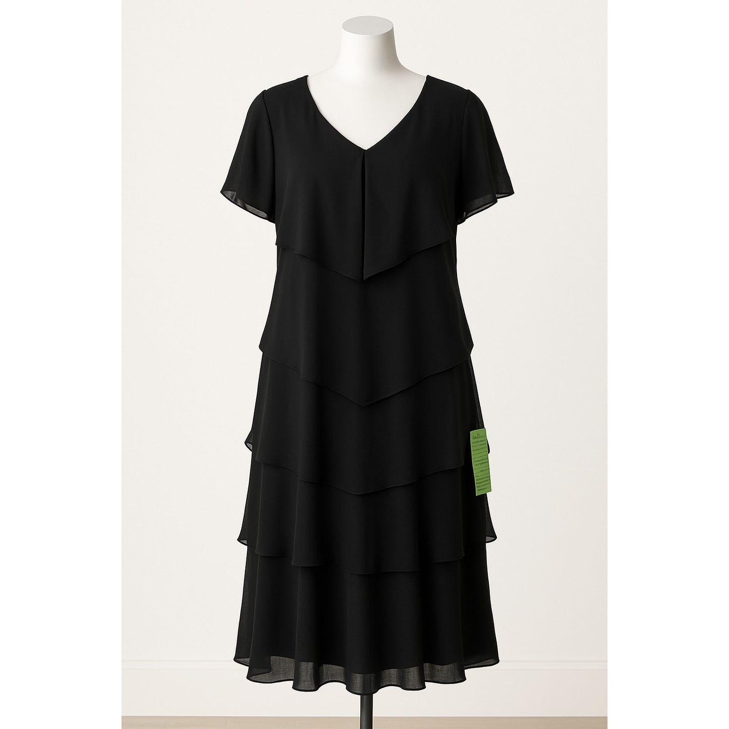 S.L. Fashions Elegant Black Tiered Midi Dress Missy SZ 12 Cocktail Party Dancing