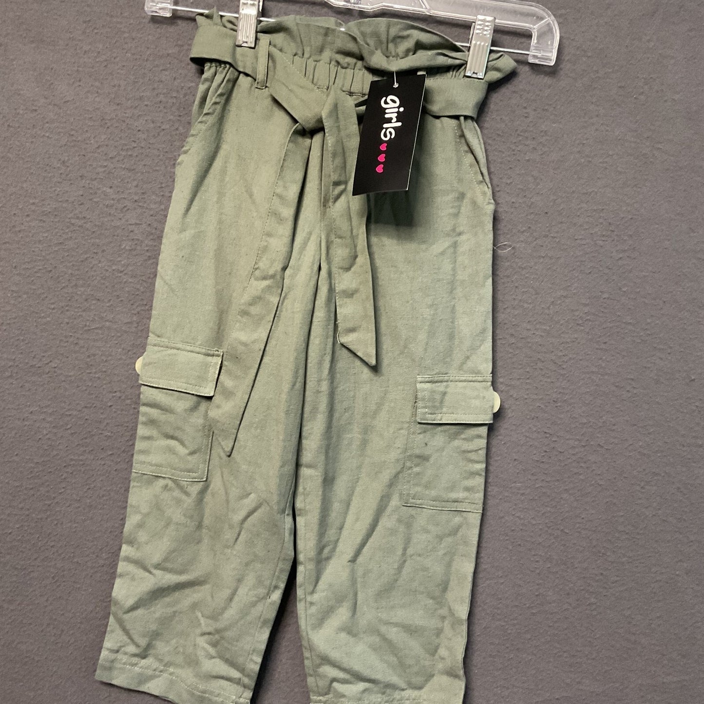 Green Paperbag Waist Pants NWT Girls  Size 3T Cotton Flex Cargo Pockets Belted