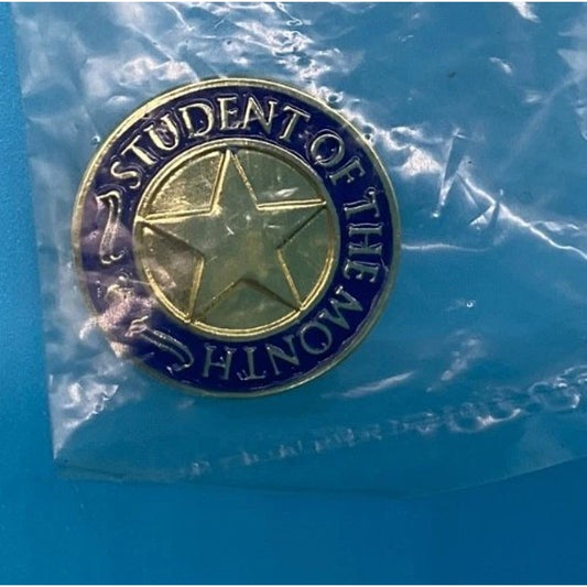 Student of the Month Pin Gold Blue Enamel Round Button Style New in Bag