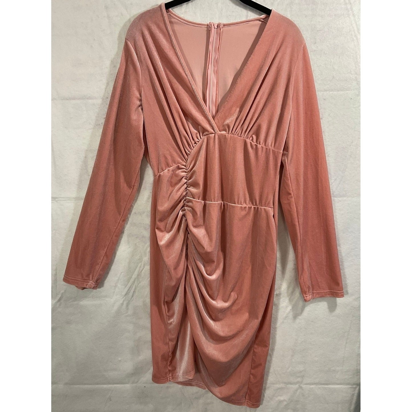 Velvet Ruched Dress Womens XL Pink Long Sleeve V-Neck Cocktail Party