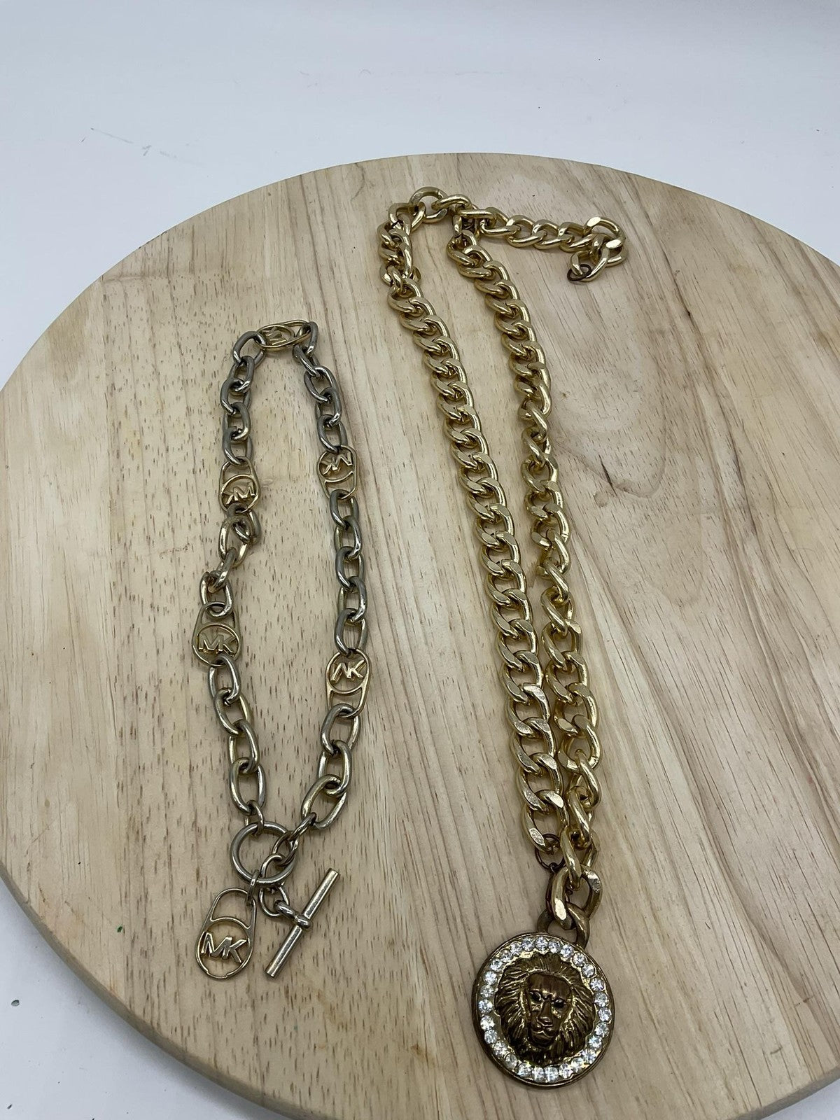 Lot 2 Womens Gold Tone Necklace Bracelet Lion MK Logo Rhinestone Mixed Brands
