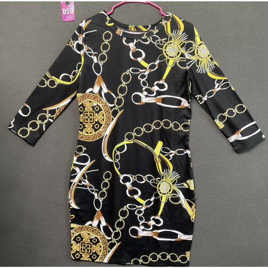 Womens 2XL Chain Print Dress Long Sleeve Stretch Knit Brown Black Tan