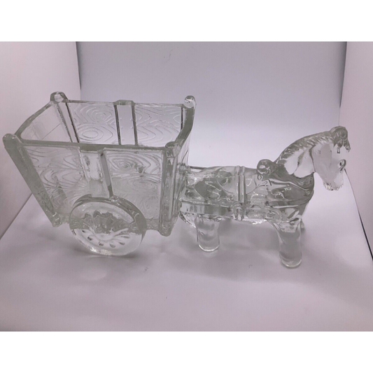 Vintage Pressed Glass Candy Dish Horse Pulling Wagon Design Retro Cottage Core