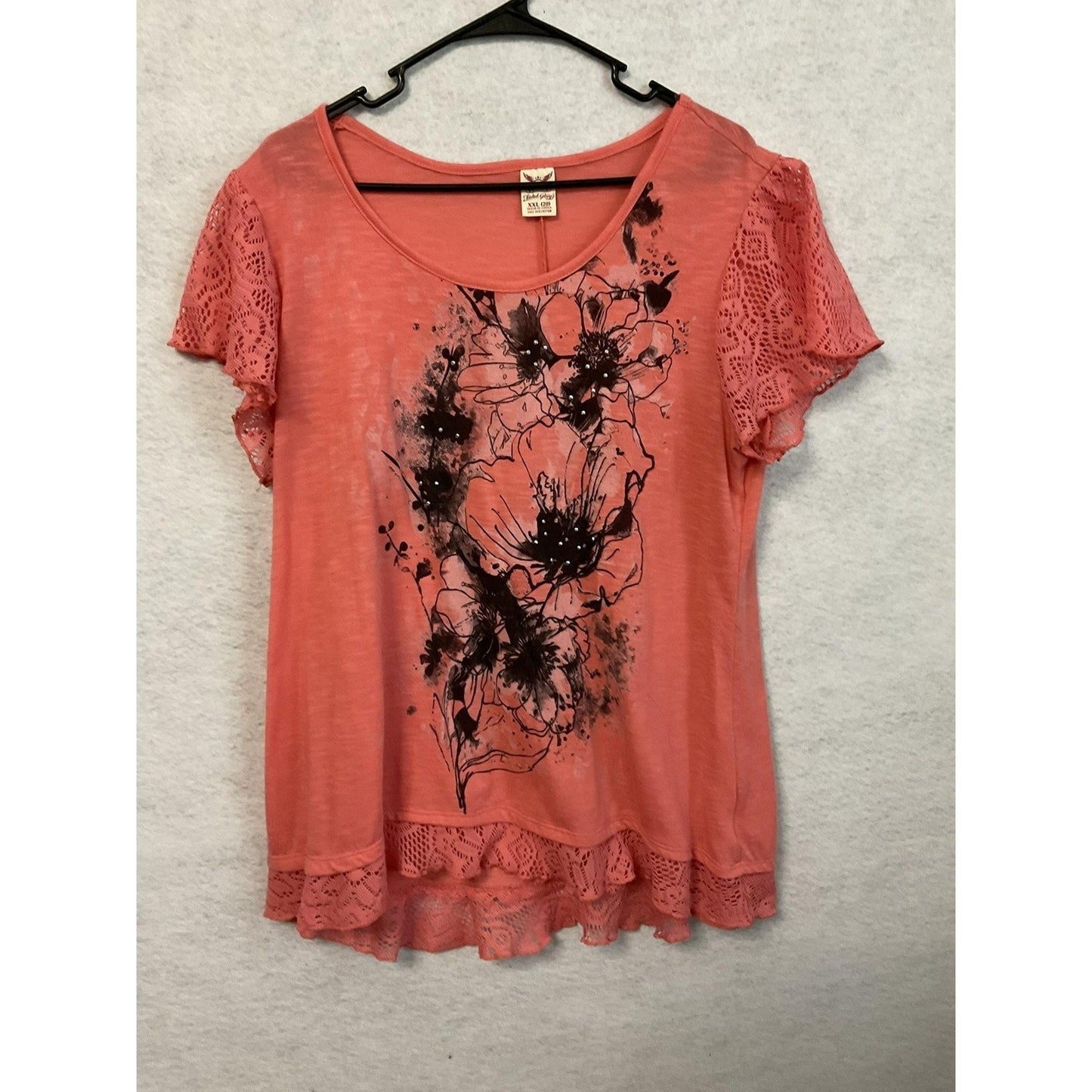 Faded Glory Shirt Womens 2XL Coral Floral Graphic Lace Hem Sleeve Plus