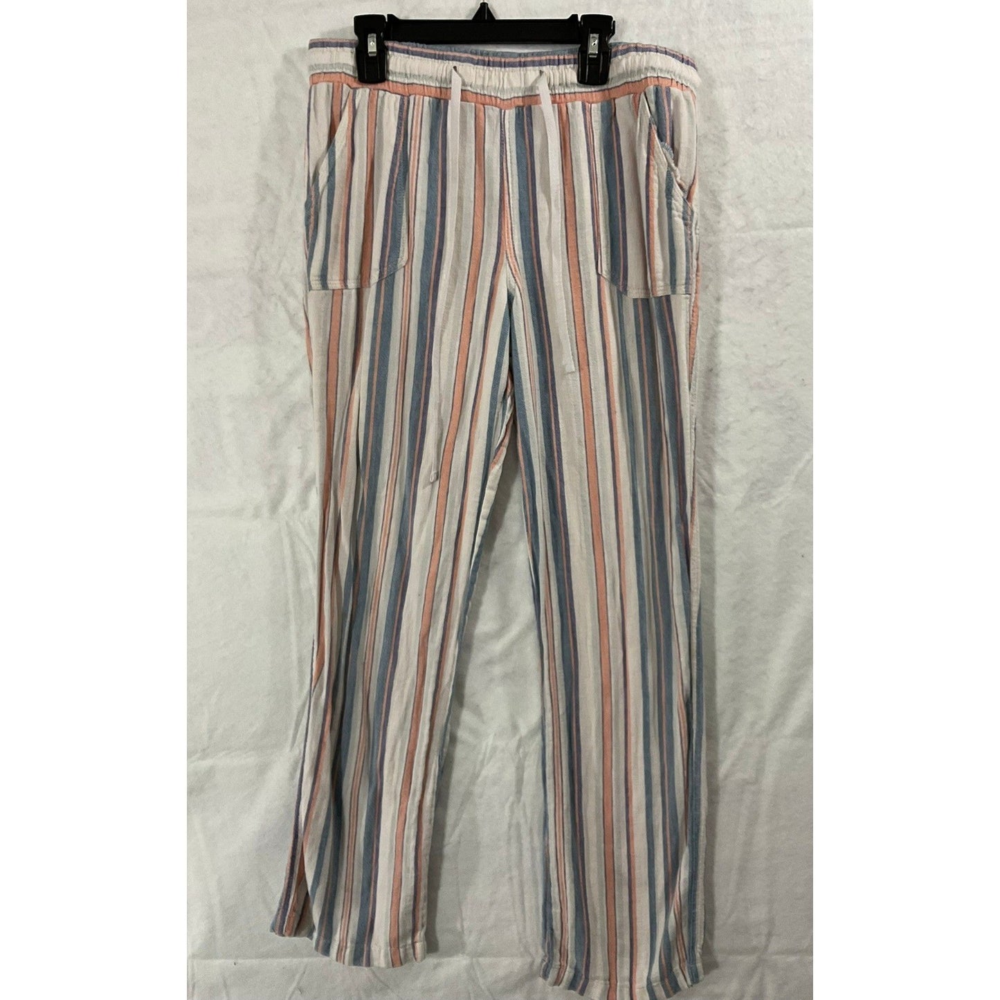 Striped Linen Blend Pants Womens Medium Blue Peach Coastal Casual Trouser