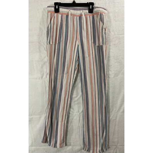 Striped Linen Blend Pants Womens Medium Blue Peach Coastal Casual Trouser