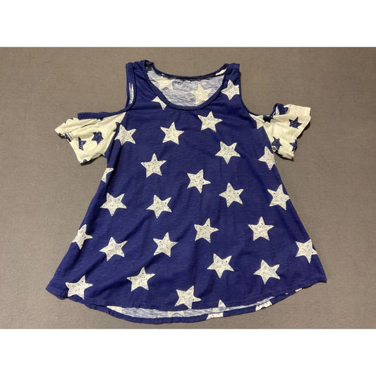 New Directions Weekend Women's Star Print Cold Shoulder Top Size M Blue White