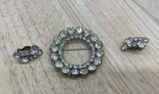 Vintage Rhinestone Brooch Clip On Earrings Set Silver Tone Round Circle Bridal