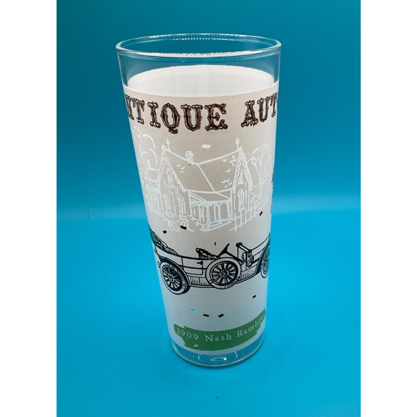 Vintage Barware:6.5" Highball Glass 1909 Nash Rambler Antique Auto Design Retro
