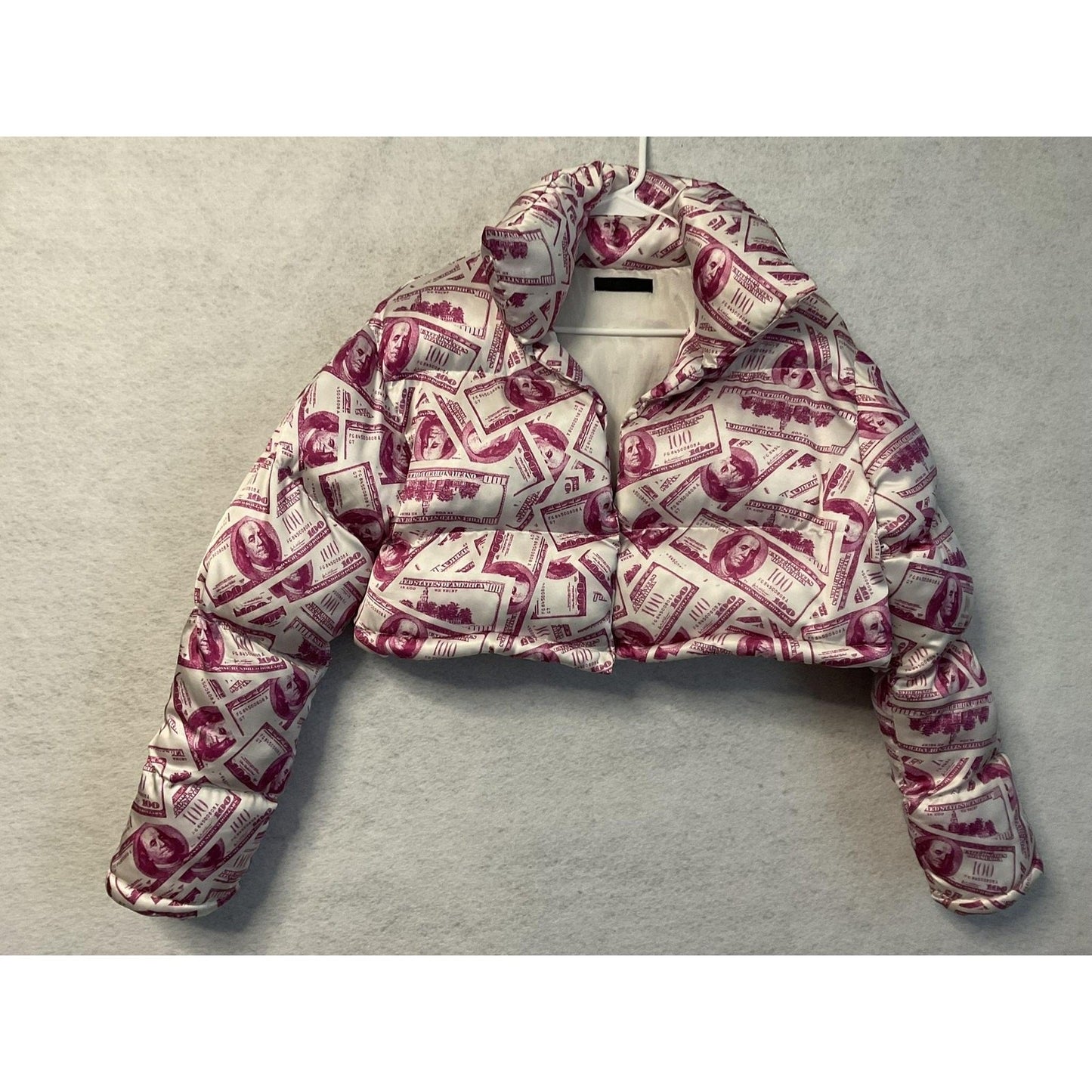 Money Print Open Puffer Jacket Women SM White Pink Cropped Bubble Coat Allover