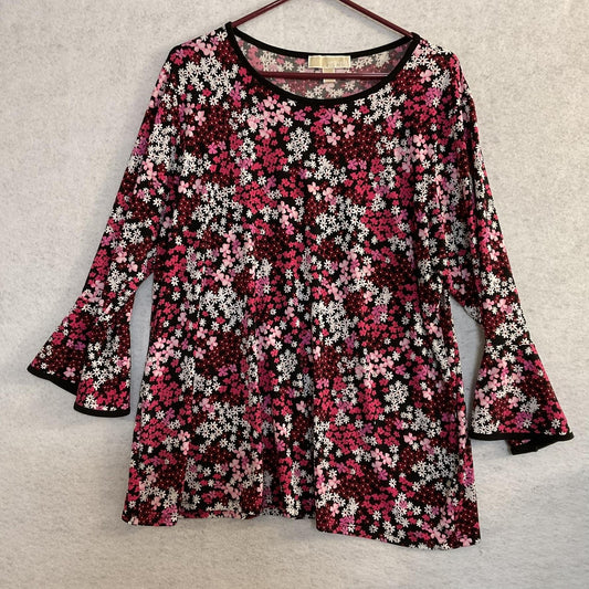 Michael Kors Blouse Womens 1X Multicolor Floral Scoop Neck 3/4 Bell Sleeve Tunic