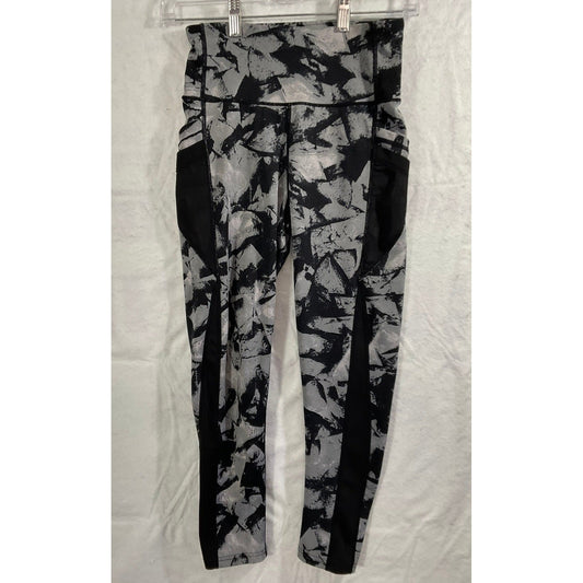 TKO Leggings Womens Small Gray Black Abstract Mesh Pocket High Waist Activewear