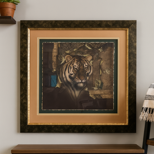 Home Interiors Tiger Portrait Framed Art Print Matted 37x36 USA VTG Animal Print