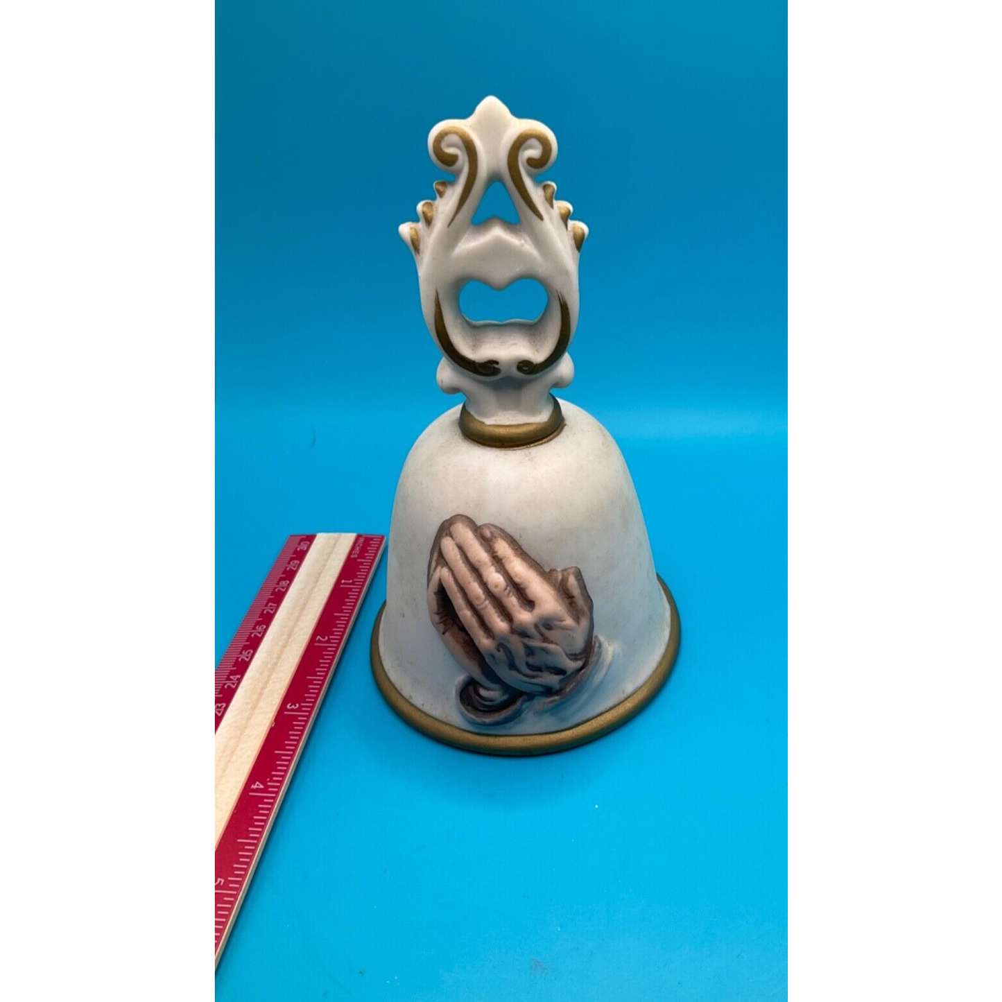 Vintage HOMCO Home Interiors Praying Hands Jesus Cross Bell 6" Gold Trim