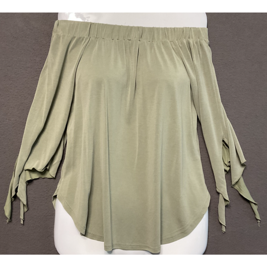 Alya Vintage Off Shoulder Tie Sleeve Top XS Olive Green Blouse Made in USA