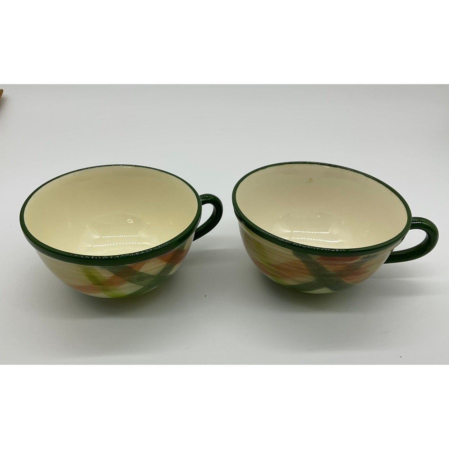 Vintage Tea Cups Unisex OS Green Orange Plaid Hand Painted Ceramic Set 2 Mug