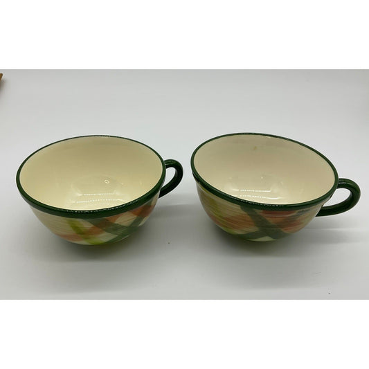 Vintage Tea Cups Unisex OS Green Orange Plaid Hand Painted Ceramic Set 2 Mug