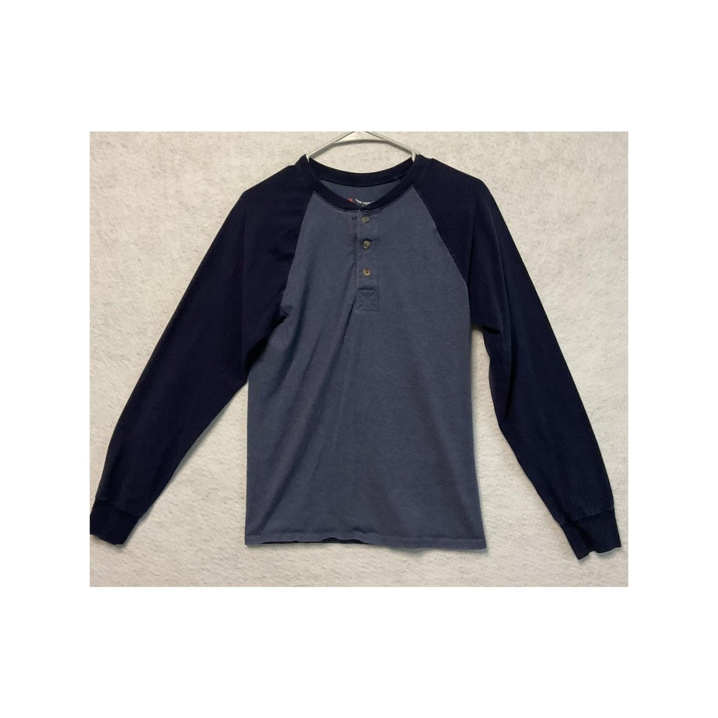 Hanes Beefy Shirt Mens Small Blue Navy Raglan Henley Long Sleeve Colorblock