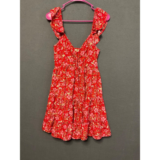 Boho Band of the Free Dress Small Red Floral Ruffle Strap Cottagecore Peasant