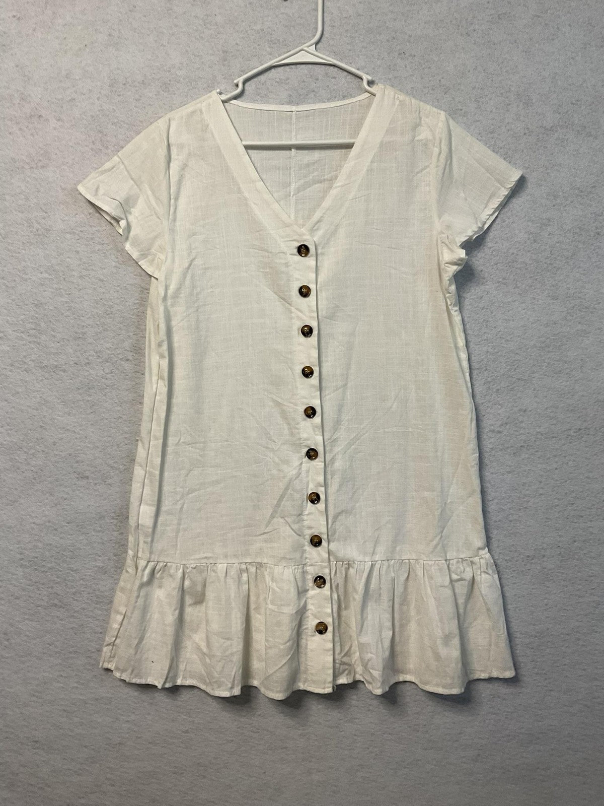 Button Front Dress Girls XXL White Short Sleeve V Neck Ruffle Hem Summer Casual