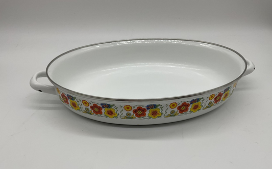 Vintage Enamel Oval Roasting Pan Casserole Dish Floral Handles White Decor