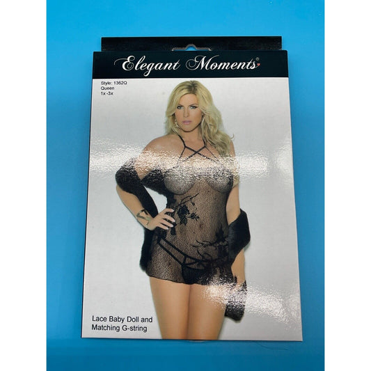 Elegant Moments Black Lace Babydoll Set Style 1362Q Queen Size 1X-3X Lingerie