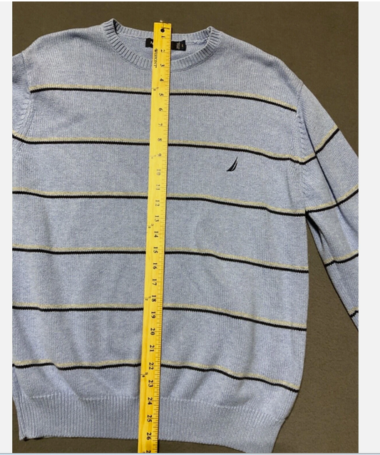 Nautica Sweater Mens Small Blue Striped Crew Neck Pullover Logo Knit Top