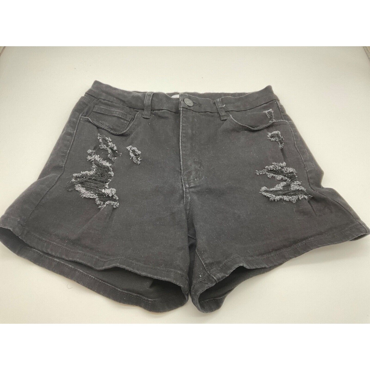 Rue 21 Women's Black Denim Shorts Size 10, Distressed, 5 Pockets, Zip Fly