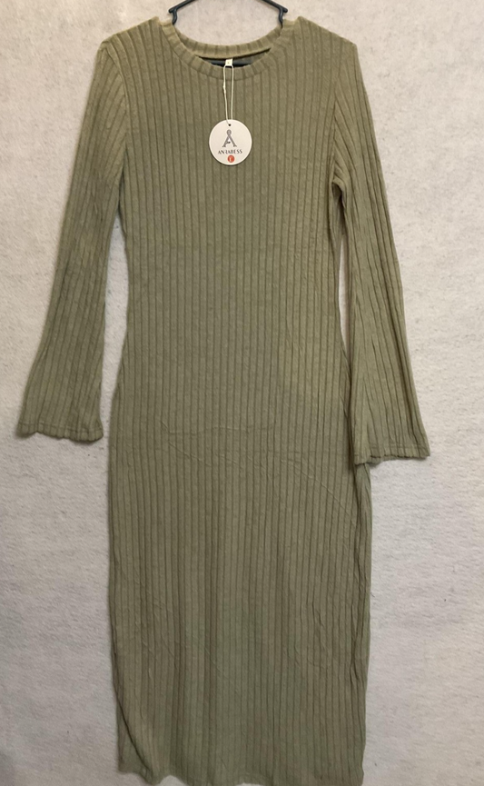 ANRABESS Sweater Dress Womens Large Green Ribbed Knit Long Sleeve Maxi New