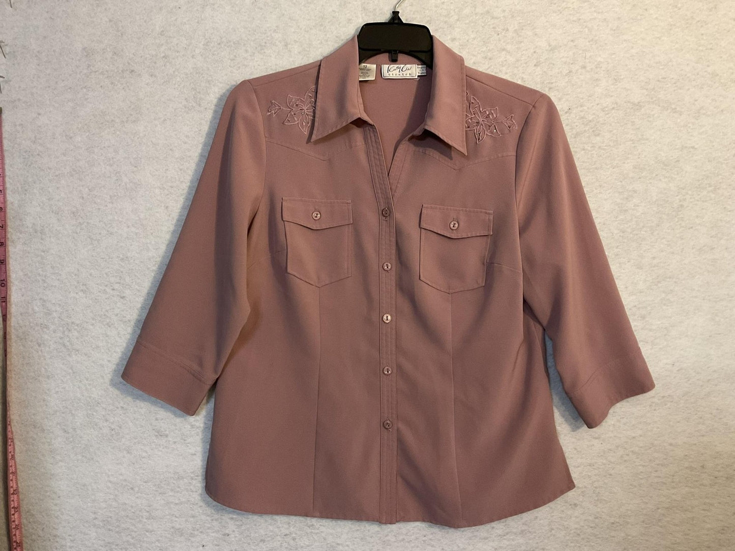 Cathy Che Blouse Womens 12 Pink Collared 3/4 Sleeve Embroidered Stretch Top