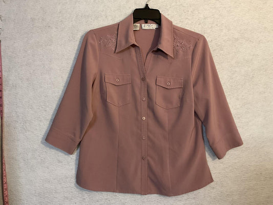 Cathy Che Blouse Womens 12 Pink Collared 3/4 Sleeve Embroidered Stretch Top
