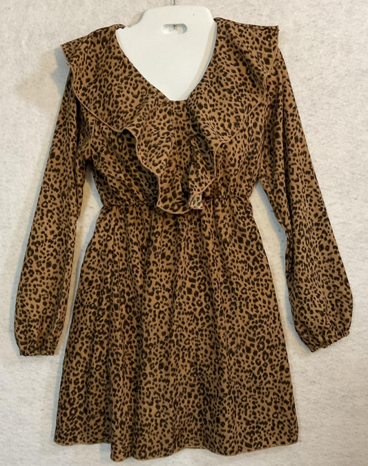 Leopard Print Dress Womens XS Brown Ruffle Long Sleeve V Neck Short Fit Flare