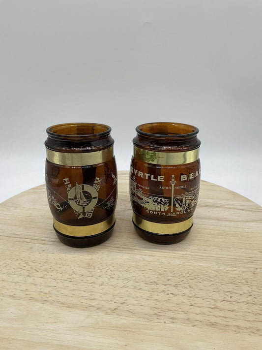 Vintage Siesta Ware Myrtle Beach Amber Glass Souvenir Beer Mugs Set Of 2 USA