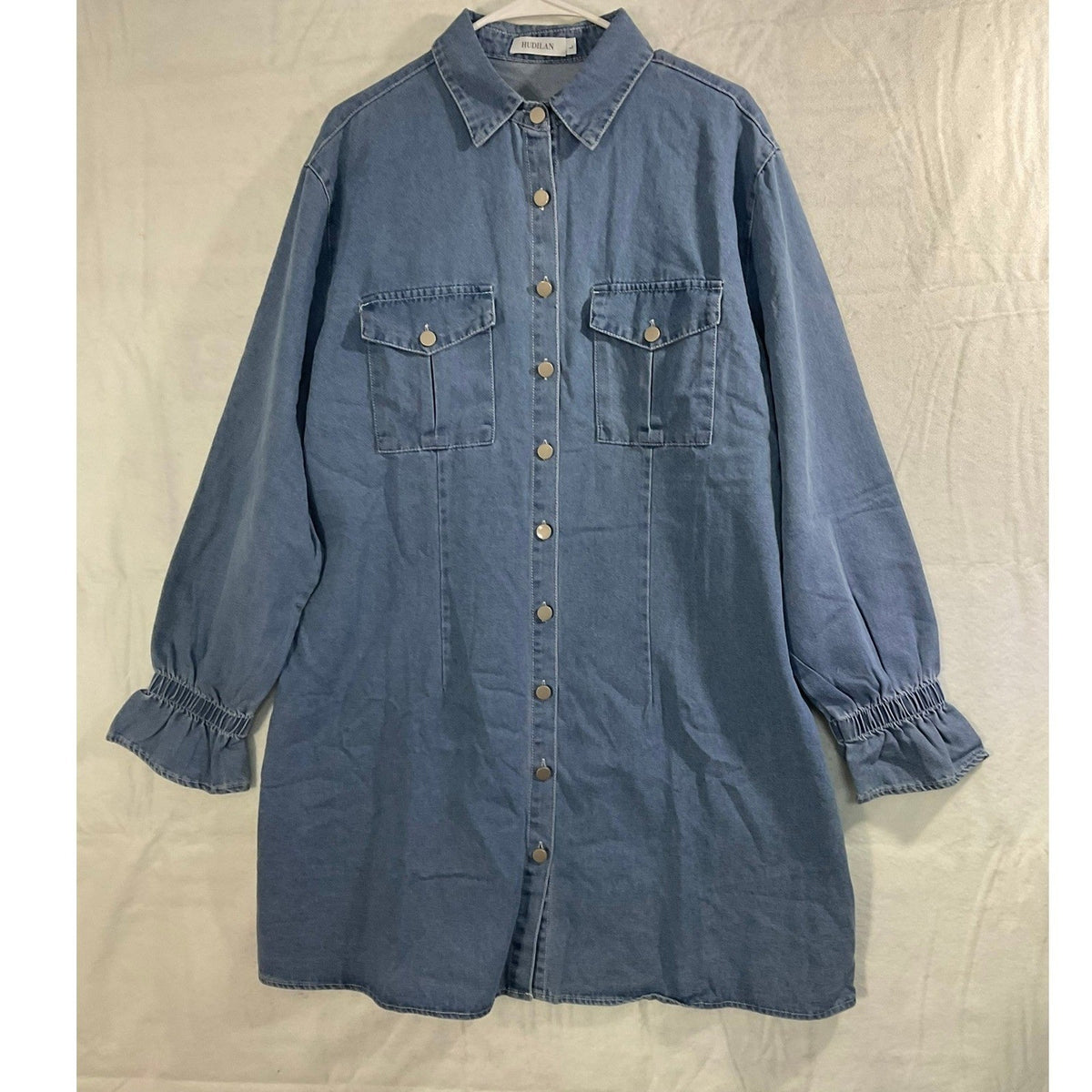 Hudilan Denim Shirt Dress Womens Large Blue Long Sleeve Smocked Cuff Mini Tunic
