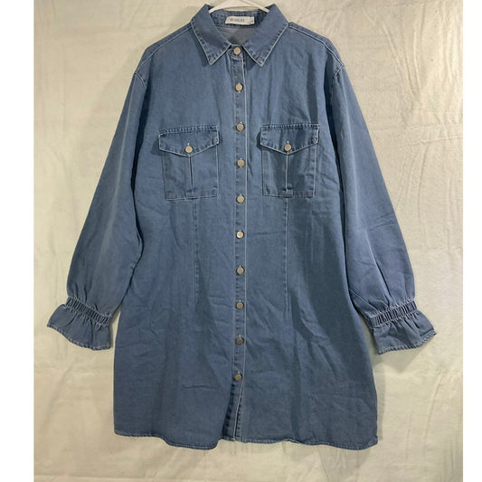 Hudilan Denim Shirt Dress Womens Large Blue Long Sleeve Smocked Cuff Mini Tunic
