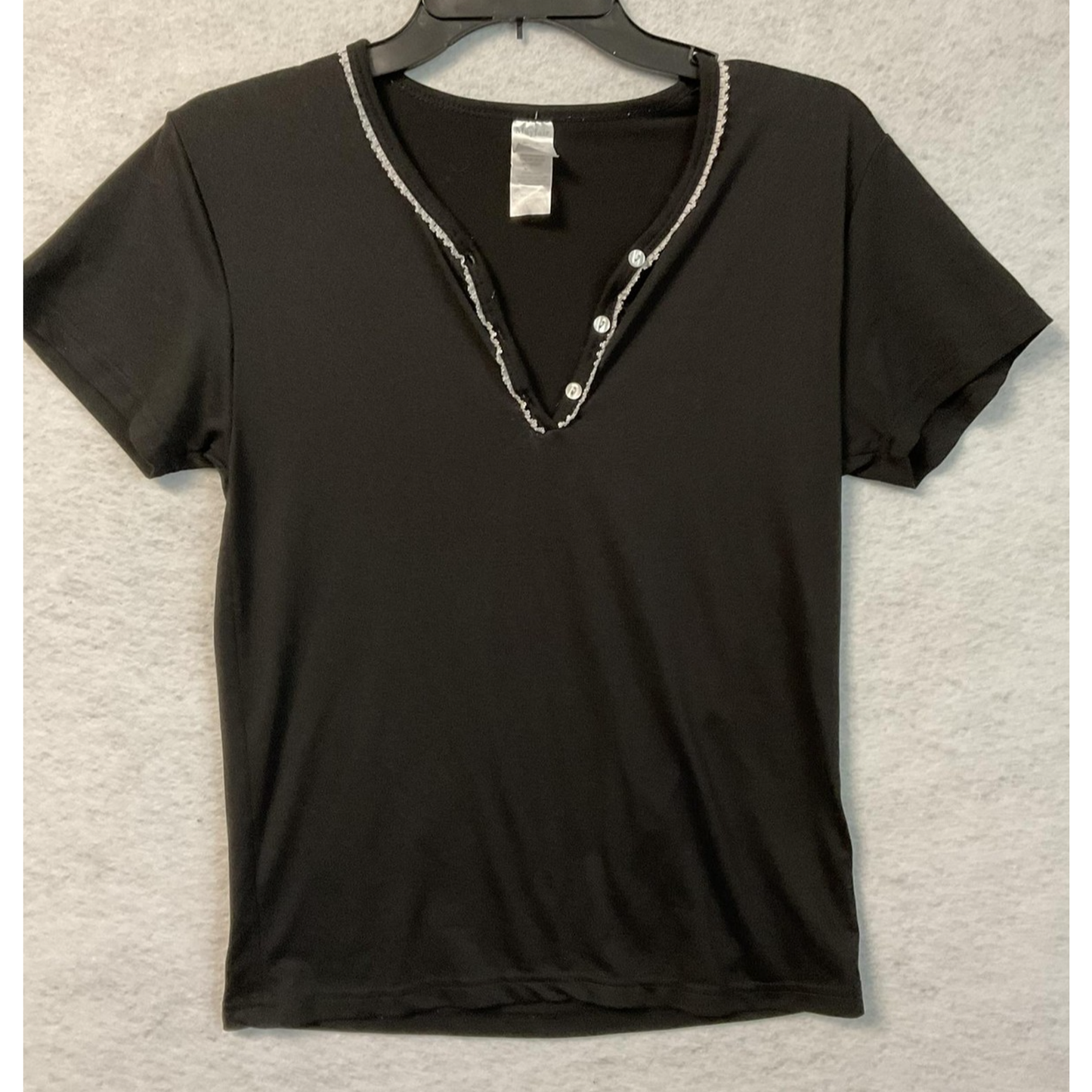 Ruffle Trim Henley Shirt Womens Small Black V Neck Stretch Short Sleeve Buttons