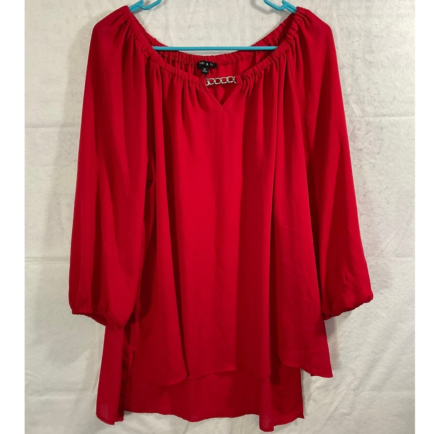 Sami & Jo Blouse Womens XL Red Chain Neck Balloon Sleeve High Low Top